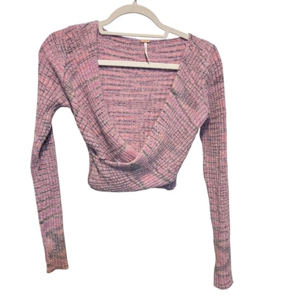 Free People Brooke Faux Wrap Long Sleeve Cropped Sweater Lilac Fog Combo - Picture 5 of 12